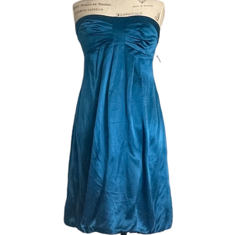 New Donna Ricco light blue aquamarine color strapless natural silk mini dress